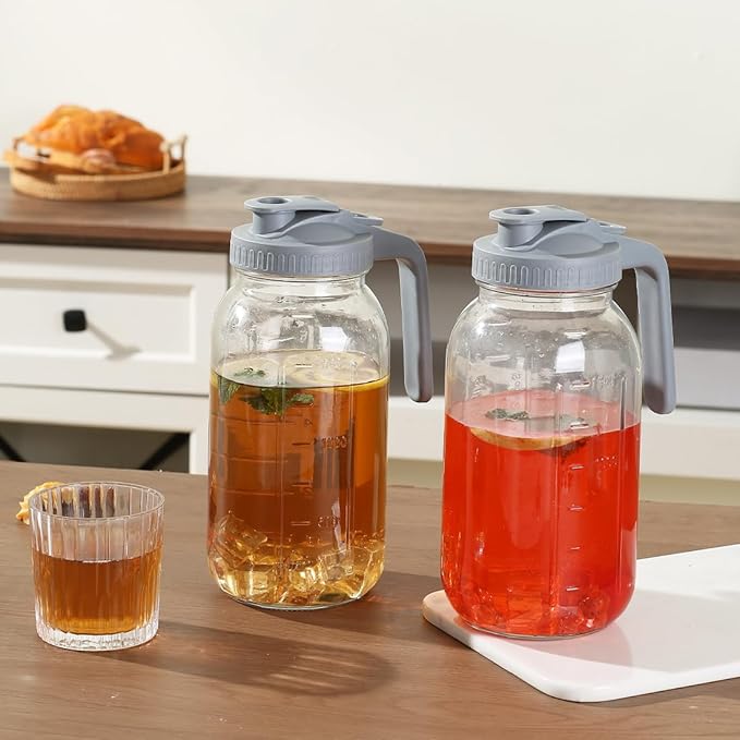 Glass Tea Pitcher with Wide Mouth Airtight Lid Leak Proof Fridge Container with Gray Lid Mason Jar for Water, Tea,Juice and Drinks (2 Pack-32OZ)