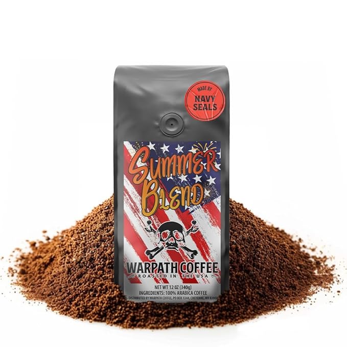 Warpath Coffee Medium Roast Ground Coffee, Summer Blend, High Caffeine, Extra Strong Roasted 100% Arabica Coffee Ground Beans, Caribbean Inspired Blue Mountain Blend, Created by Navy SEALs, 12oz