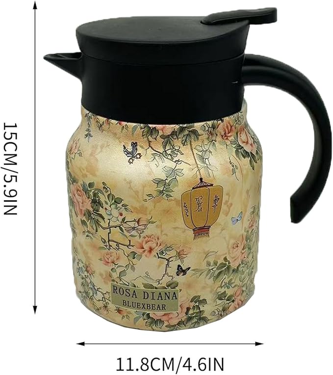 Vintage Floral Pattern Teapot, Doresty Tea Pot, Vintage Floral Pattern Tea-Built-In Infuser, Stainless Steel Thermal Carafe with Lid for Hot Drinks (Pink, Plastic handle)