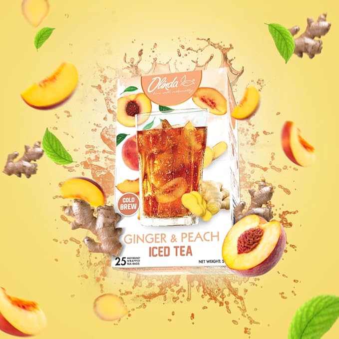 Olinda Herbal Ginger Peach Green Tea Organic Cold Brew & Hot Brew Bags Refreshing Fruity Drink