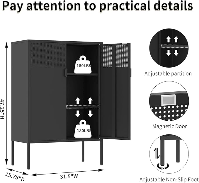 Black Metal Storage Cabinet with 2 Doors - 47''H Locker Cabinet, 3 Tier Locker with Adjustable Shelves,Office Storage Locker for Office, Home, Living Room, Kitchen