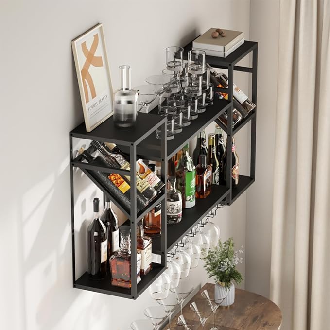 Metal Floating Bar Liquor Shelves 2 Tier, Wall Mounted Wine Rack with Glass Holder Storage, Wall Bar Shelf Wine Display Storage Holder for Kitchen Dining Room Bar (Black)