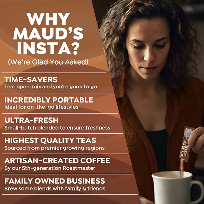 Maud's Espresso Chai Tea Latte Instant Packets, 16 ct, 100% Gourmet Blended Tea Leaves, Instant Hot or Iced Latte - Just add water