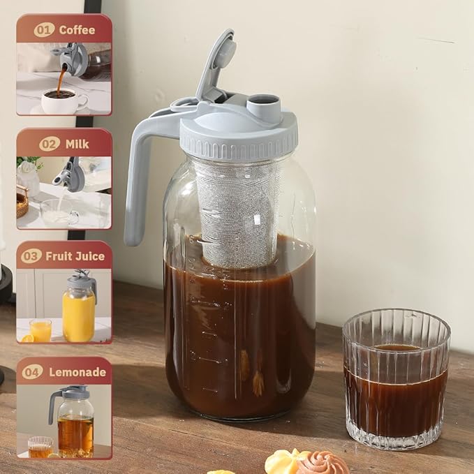 Glass Tea Pitcher with Airtight Lid Leak Proof Mason Jar with Stainless Steel Filter Glass Empty Jar for Water, Tea and Juice (Gray)
