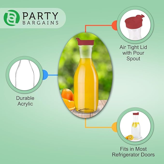 PARTY BARGAINS 50 oz. Plastic Carafe with Lids - Clear, 3 Count, Red Flip Tab Lid Premium Quality & Heavy Duty Plastic Pitcher for Iced Tea, Powdered Juice, Cold Brew, Mimosa Bar Red Cap