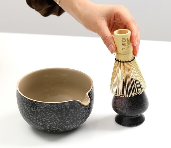 5-Piece Traditional Matcha Set beautifully crafted ceramic Japanese matcha bowl, chasen holder, natural bamboo whisk, spoon, and airtight matcha tin container – Perfect for ceremonial-grade matcha