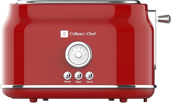 Frigidaire ETO102-WHITE, 2 Slice Toaster, Retro Style, Wide Slot for Bread, English Muffins, Croissants, and Bagels, 5 Adjustable Toast Settings, Cancel and Defrost, 900w, Red