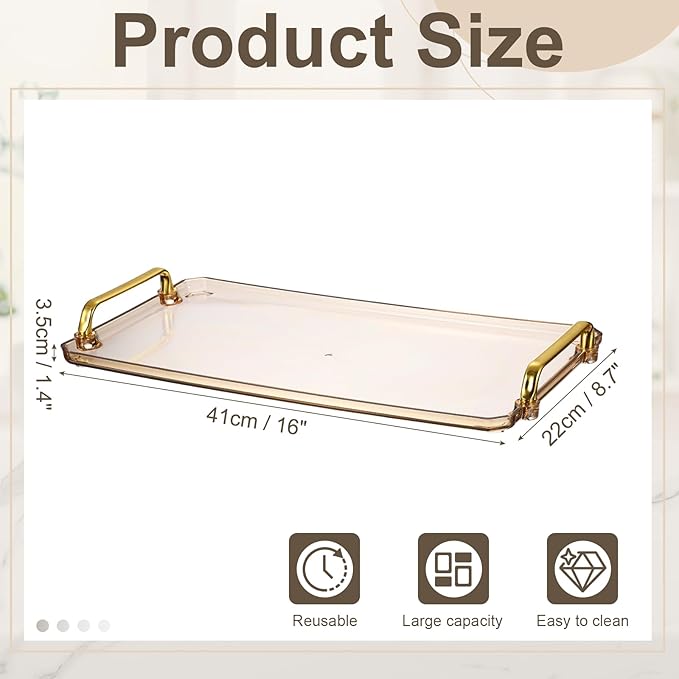 uxcell Plastic Serving Tray with Golden Handle, 16 x 8.7 Modern Rectangular Decorative Tray Acrylic Reusable Tea Platter for Countertop Bathroom Kitchen Home Restaurant, Gold