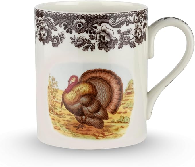 Spode Woodland Turkey 16 oz Mug - Fine Porcelain with Historic Brown Floral Border, Thanksgiving Drinkware for Hot Beverages - Microwave, Oven & Freezer Safe, British Country-Inspired Design
