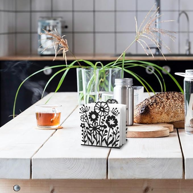 Wildflowers Decorative Black Metal Napkin Holder for Table, 4.9" x 5.3" x 1.9" Flowers Standing Napkin Holder for Home Kitchen Restaurant Picnic Party Coffee Bar Dining Room