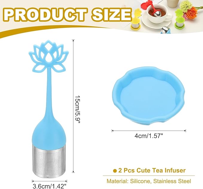 uxcell 2 Pcs Lotus Tea Infuser, Stainless Steel Loose Leaf Tea Steeper Filter with Silicone Handle Reusable Thin Pores Mesh Strainer Diffuser for Teacups Teapots Mugs, Blue