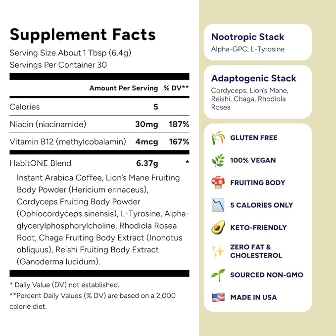 HabitONE Instant Mushroom Coffee Arabica - Lion’s Mane, Cordyceps, Reishi, Chaga – Alpha-GPC & L-Tyrosine, B12 & B3 – Better Energy, Focus, Digestion & Immunity – Made in USA – 30 Servings