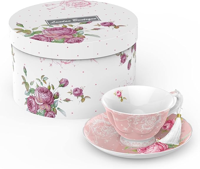 London Boutique Tea Cup and Saucer Set 1 Afternoon Tea Set New Bone China Vintage Flora Gift Box 200m (Pink)