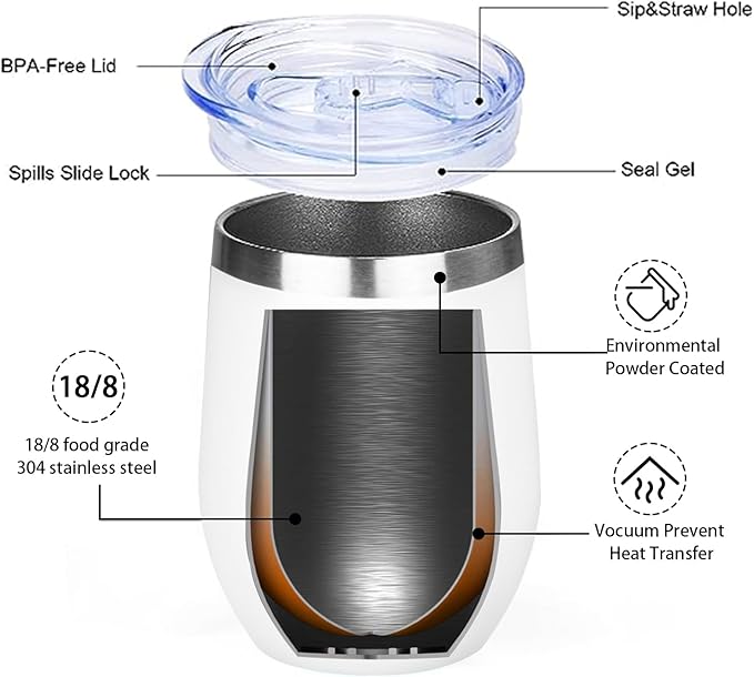 MEZMUT 12 Oz Insulated Wine Tumbler with Lid Double Wall Vacuum Stainless Steel Wine Glass Coffee Mug Insulated Tumbler Cup for Champaign, Cocktail, Beer (White, 6 Pack)