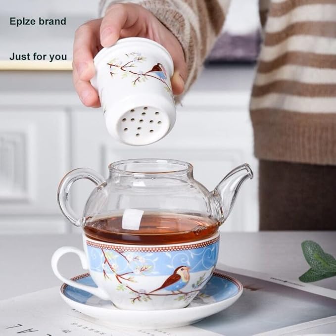 Tea for One Set, Glass Teapot with Porcelain Infuser Strainer and Cup & Saucer- Happy Bird Pattern (Blue)