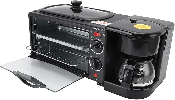 3-in-1 Breakfast Station with Coffee Maker, 4-Slice Toaster Oven, Non-Stick Griddle, 110V