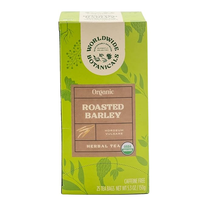 Worldwide Botanicals Organic Roasted Barley Tea, 25 Tea Bags - 3x more herbs with 6g per teabag - AKA Mugicha, Boricha, Damaicha, Orzo - Caffeine-Free, Kosher
