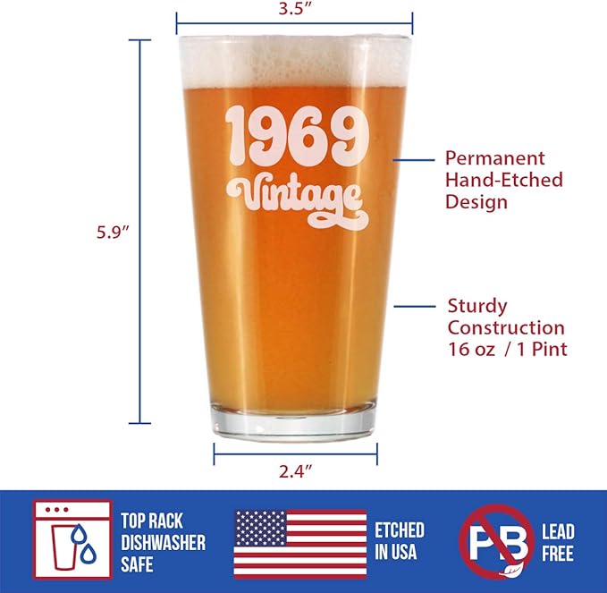 Vintage 1969 Pint Glass for Beer - 56th Birthday Gifts for Men or Women Turning 56 - Fun Bday Party Decor - 16 oz