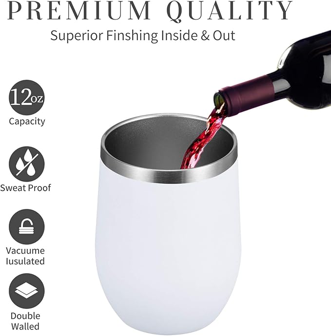 MEWAY 12oz/8 Pack Wine Tumbler Glasses with Lid - Stemless Double Wall Vacuum Stainless Steel Travel Tumbler - Keeping Cold & Hot for Wine,Coffee,Cocktails,Drinks-Family and Gifts (White,Set of 8)
