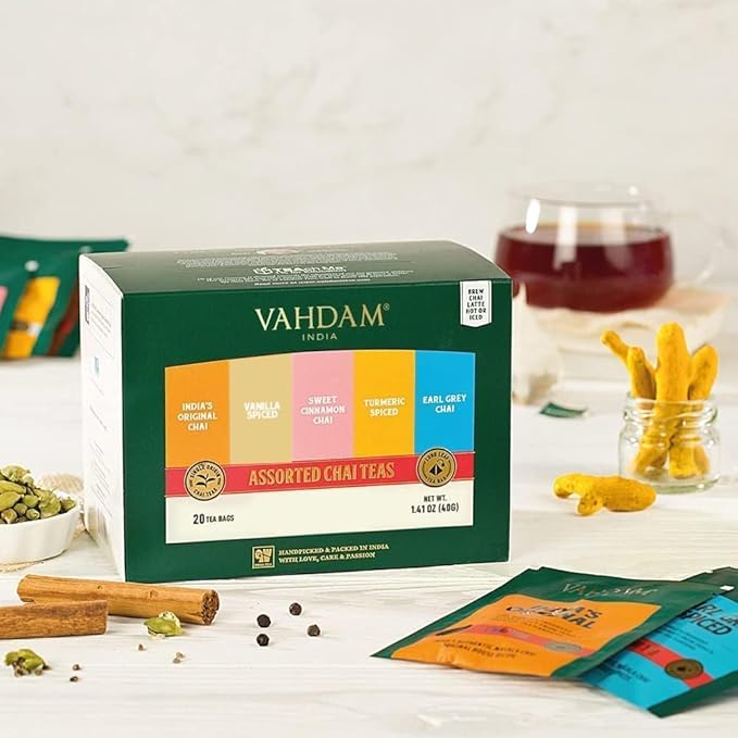VAHDAM, Assorted Chai Tea Bags Sampler (5 Flavors, 20 Ecofriendly Pyramid Tea bags) I Christmas 2025 Gift Ideas for Women & Men | Masala Chai Tea Varieties from India | Gluten Free & Non GMO