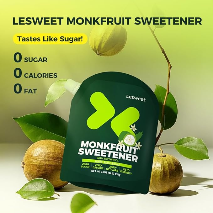 Lesweet Monk Fruit Sweetener with Erythritol, Monk Fruit Extract, 1:1 White Sugar Substitute, Zero Calorie, Keto Friendly, Non-GMO, Perfect for Coffee & Baking, 16 oz (Pack of 3)