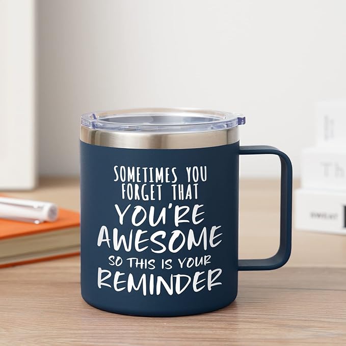 NOWWISH Inspirational Coffee Mug for Men, 14oz Vacuum Insulated Stainless Steel Cup, You Are Awesome Gift for Husband, Boyfriend, Dad - Navy Blue