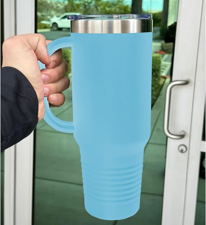 LaserGram 40oz Vacuum Insulated Travel Mug with Handle, Tiki Statue, Personalized Engraving Included (Light Blue)