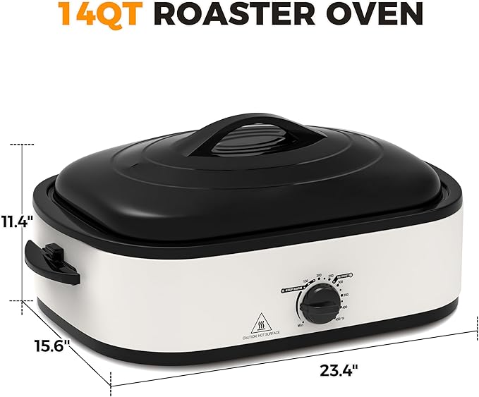 14 Quart Electric Roaster Oven, Turkey Roaster Electric, Roaster Oven Buffet, Selfbasting Lid, Removable Pan, Full-Range Temperature Control Cool-Touch Handles, White Body, Black Lid