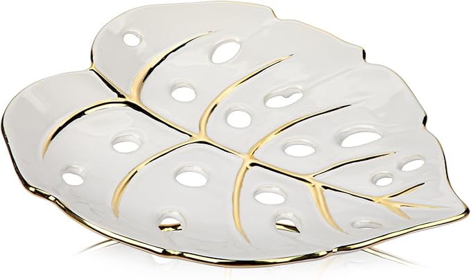 Ceramic Leaf Shaped Decorative Tray, White Gold Monstera Leaf Plate 12.6"x11" for Jewelry, Keys, Snack, Candle Holder, Modern Table Centerpiece Home Decor