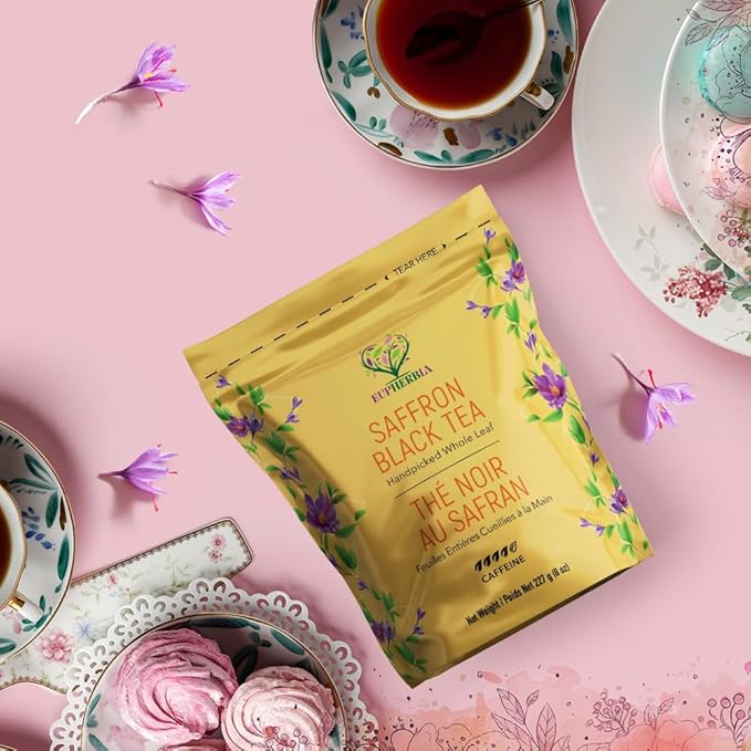 Eupherbia Saffron Black Tea, Handpicked, Highland Grown Whole Leaf Tea, Enriched with 3 Grams of Premium Saffron Threads, Brisk, Earthy, Aromatic, 227g (8 oz)