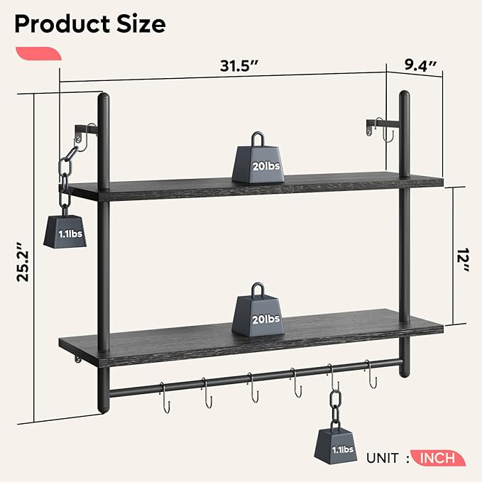Bestier Pipe Shelf Industrial Floating Shelving 31" Kitchen Wall-Mounted Shelf Towel Bar Hooks Coffee Bar Shelves Wine Hanging Display Rack Bookshelf Living Room Decor Bathroom-Charcoal Black
