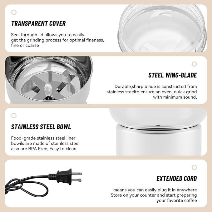 Electric Coffee and Spice Grinder featuring Quad-Blade System & Extra-Long Cable, with Clear Lid for Monitoring Grind of Beans and Herbs