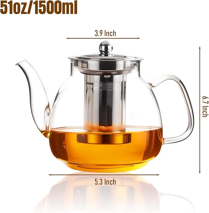 PARACITY Glass Teapot Stovetop 50 OZ/1500ml, Tea pot with Removable 18/8 Stainless Steel Infuser, Borosilicate Clear Tea Kettle, Teapot Blooming and Loose Leaf Tea Maker Tea Brewer for Camping, Travel
