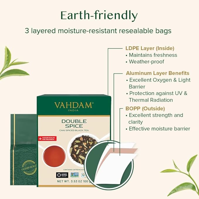 VAHDAM, Double Spice Masala Chai Tea (50+ Cups, 3.53oz) Strong, Robust & Spicy Blend - Black Tea CTC, Cardamom, Cinnamon, Cloves & Black Pepper | Pure Unblended Loose Leaf Tea | Vacuum Sealed