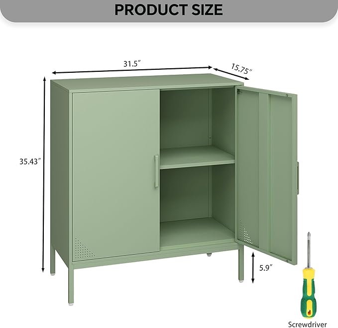 Metal Storage Cabinet with Adjustable Shelves, Steel Buffet Sideboard for Entryway, Living Room, Dining Room, Kitchen, Office, Bar (Green, 31.5" D x 15.75" W x 35.43" H)