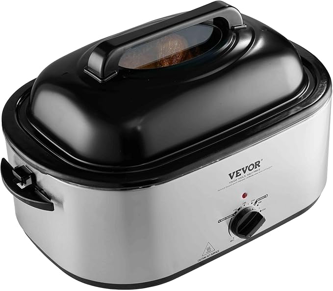 VEVOR Electric Turkey Oven, 26 QT Capacity with Auto-Basting Cover, 1450W, Features Defrost & Keep Warm Settings, Temperature Control, Includes Detachable Pan & Rack, Accommodates Up to 30LBS Turke