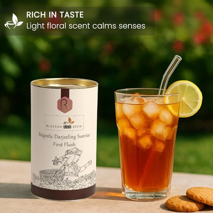 Blossom & Brew Majestic Darjeeling Sunrise First Flush Black Tea (1.76oz) – Whole Leaf from Teesta Valley – Rich Flavored & Aromatic Breakfast Brew – Caffeinated Indian Tea for Hot or Iced Beverages