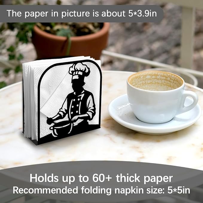 Chef Decorative Black Metal Napkin Holder for Table, 4.9" x 5.1" x 2" Cooking Standing Napkin Holder for Home Kitchen Restaurant Picnic Party Coffee Bar Dining Room