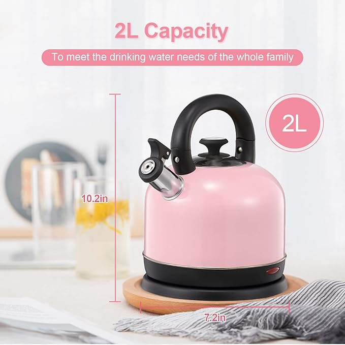 Electric Kettle Temperature Dash, YiiMO 2L Stainless Steel Hot Water Boiler with Thermometer for Tea Coffee 1200W, Auto Shut-Off Boil-Dry Protection BPA Free, Large Pink Retro Cute