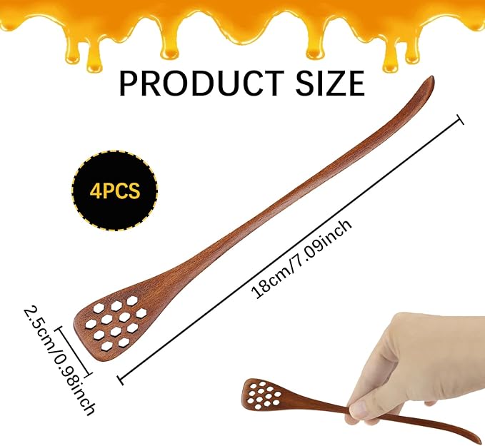 4PCS Wooden Honey Dipper Sticks - Natural Honey Drizzler Stirrer for Tea, Coffee, Syrup (7.3"),Reusable Honey Comb Spoon Set for Jar Dispensing Bread Spread Chocolate Caramel (Brown)