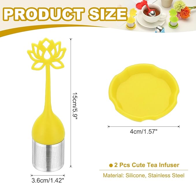 uxcell 2 Pcs Lotus Tea Infuser, Stainless Steel Loose Leaf Tea Steeper Filter with Silicone Handle Reusable Thin Pores Mesh Strainer Diffuser for Teacups Teapots Mugs, Yellow