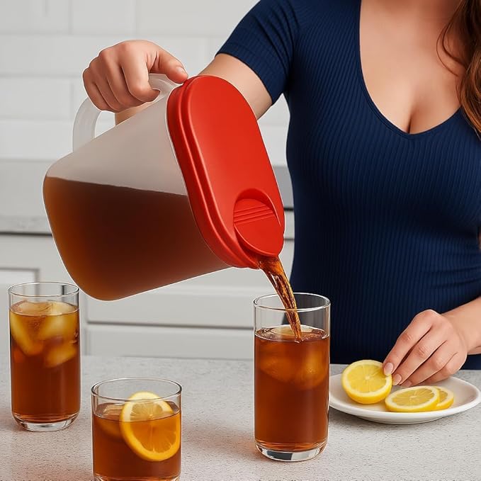 2-Pack Water Pitcher with Lid & Pivot Top Spout 1 Gallon Pitcher - Slim Design Fits Fridge Door - Freezer/Dishwasher Safe, BPA Free & Phthalate Free - Red