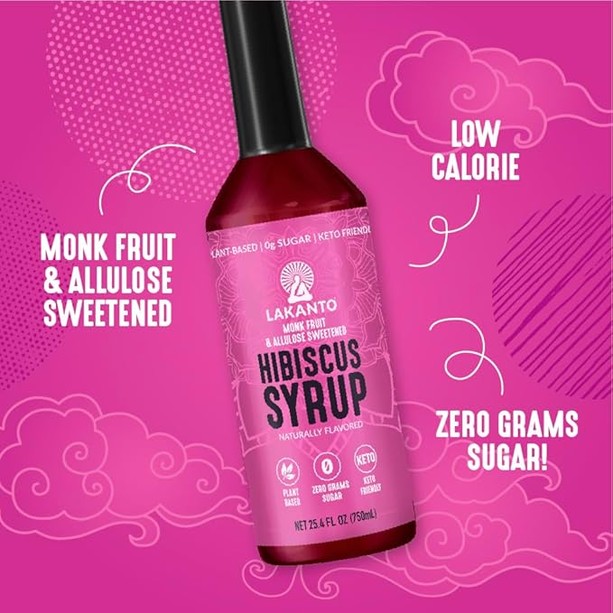 Lakanto Simple Flavoring Syrup - Monk Fruit Sweetener with Allulose, Perfect for Coffee, Tea, Cocktails, Snow Cones, Sodas, Other Drinks, Keto, Vegan (Hibiscus - 25.4 fl oz)