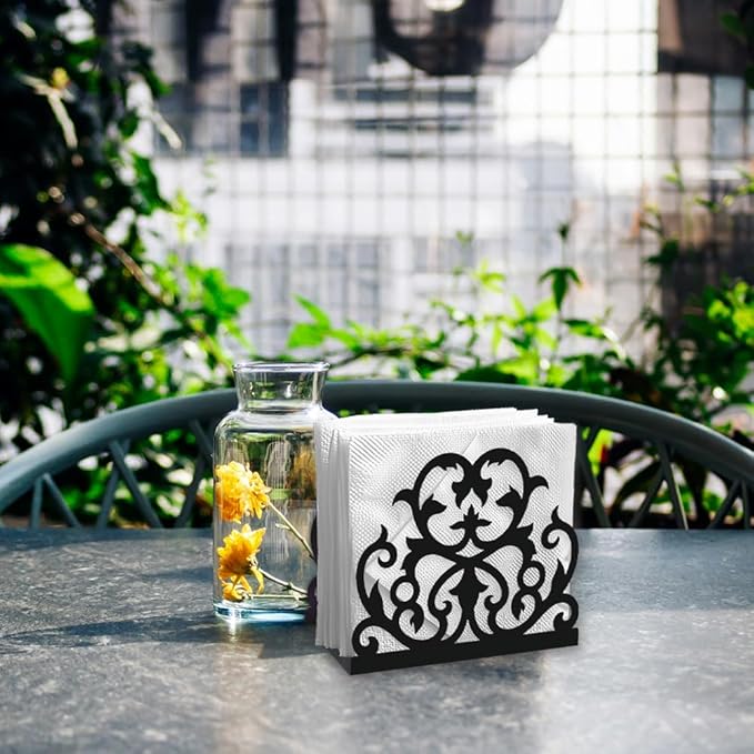 Damask Scrollwork Decorative Black Metal Napkin Holder for Table, 4.9" x 4.3" x 1.9" Scrollwork Standing Napkin Holder for Home Kitchen Restaurant Picnic Party Coffee Bar Dining Room