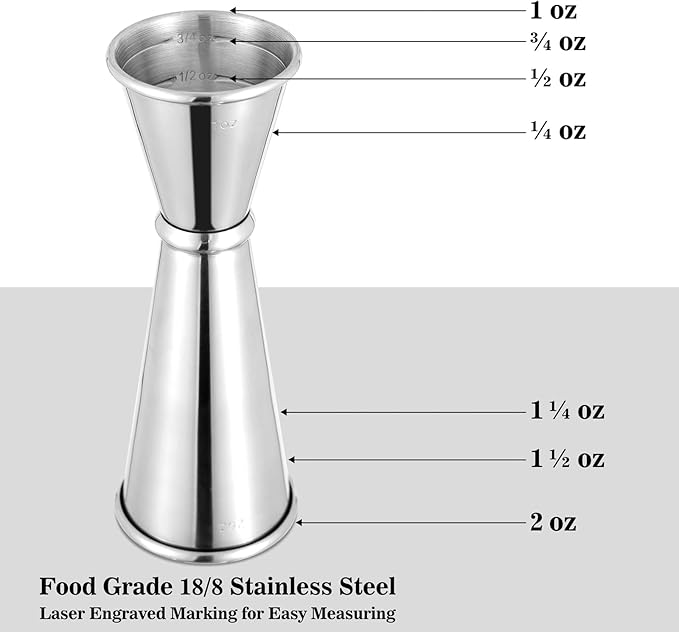 BARsics Bartending Stainless Steel Cocktail 1oz/2oz Measuring Double Jigger (6 Pack)