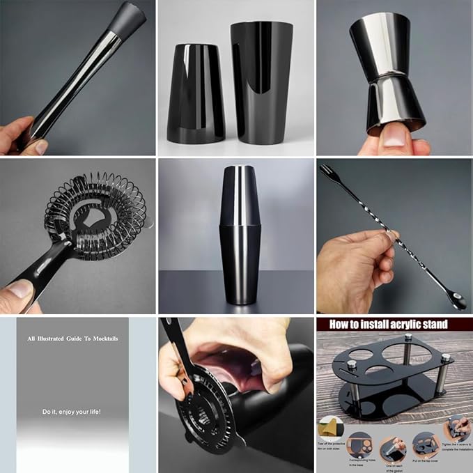 5 Piece Cocktail Shaker Bartender Kit: 750/600ml(25/20oz) Cocktail Shaker Set with Stand, Drink Mixing Includes Martini Shaker,Strainer,Jigger,Bar Mixer Spoon,Muddler Bar Tool Set (Black)