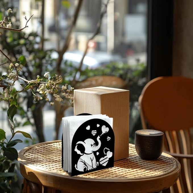 Elephant Decorative Black Metal Napkin Holder for Table, 5.3" x 4.9" x 1.9" Cute Animal Heart Standing Napkin Holder for Home Kitchen Restaurant Picnic Party Coffee Bar Dining Room