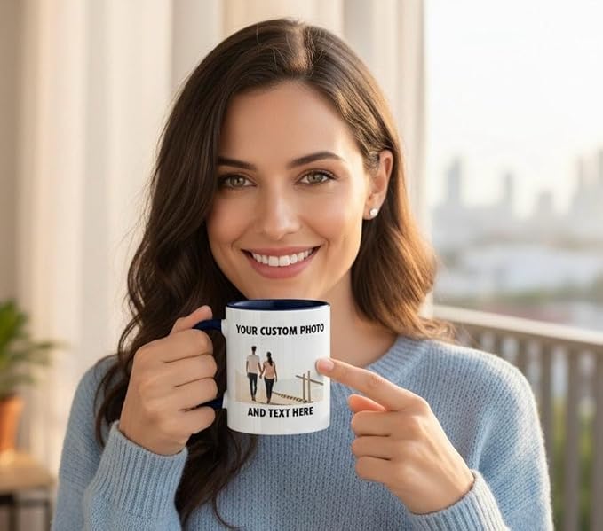 Personalized Coffee Mug | Custom Photo, Text, or Logo Cup (11oz, Navy Blue Rim, Inner, and Handle) |Dishwasher & Microwave Safe |Unique Gift for Men & Women –Taza Personalizada