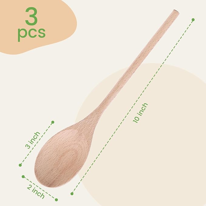 HANSGO 10 Inch Wooden Spoons for Cooking, 3PCS European Beech Wood Mixing Spoons, Heat Resistant, Non-Scratch for Nonstick Pans & Soup Pots, Ideal for Home Kitchen Stirring, Serving & Baking