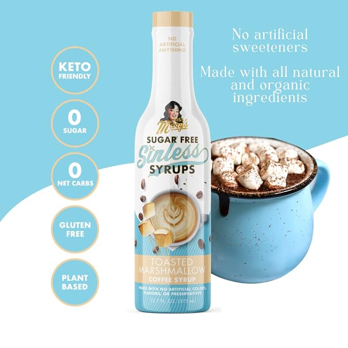 Sugar Free 3pk Toasted Marshmallow Sinless Syrup- Stevia Based, No Sugar Alcohols or Sucralose, No Artificial Sweeteners, Natural Ingredients, Coffee Tea Cocoa Dessert, Keto Friendly, 3 Pack